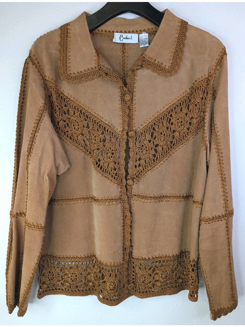 Vintage Carducci Patchwork Suede Leather crochet Jacket Hippie Boho 70s Fairy M